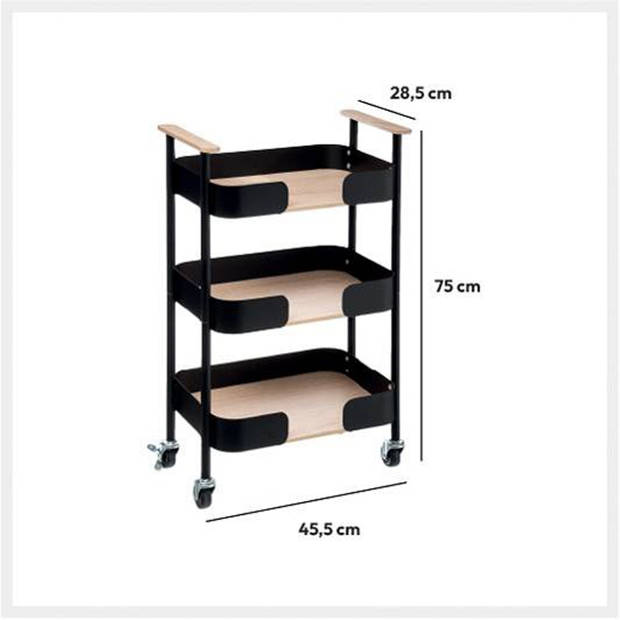 5Five Keukentrolley/kast - zwart - metaal/hout - 75 x 46 x 29 cm - 3 niveaus - Blackwood - Opberg trolley