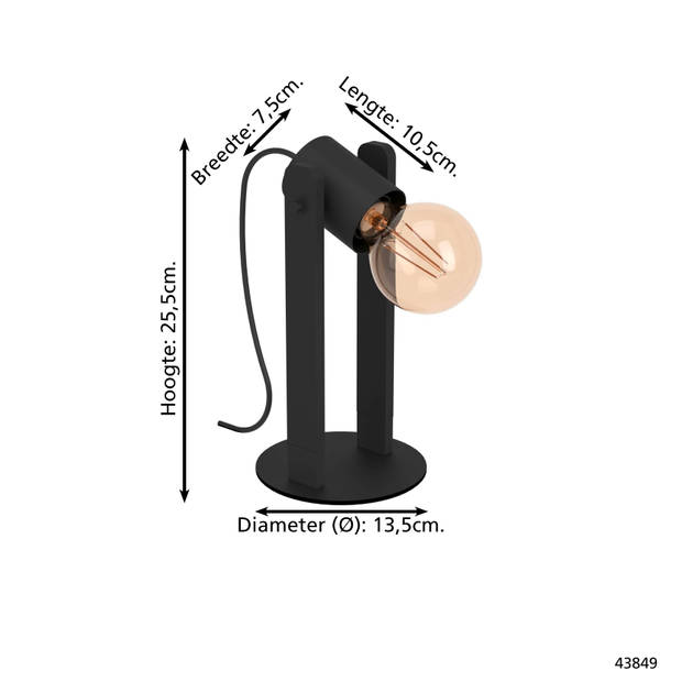 EGLO Plimsoll Tafellamp - E27 - 25,5 cm - Zwart - Staal/Hout