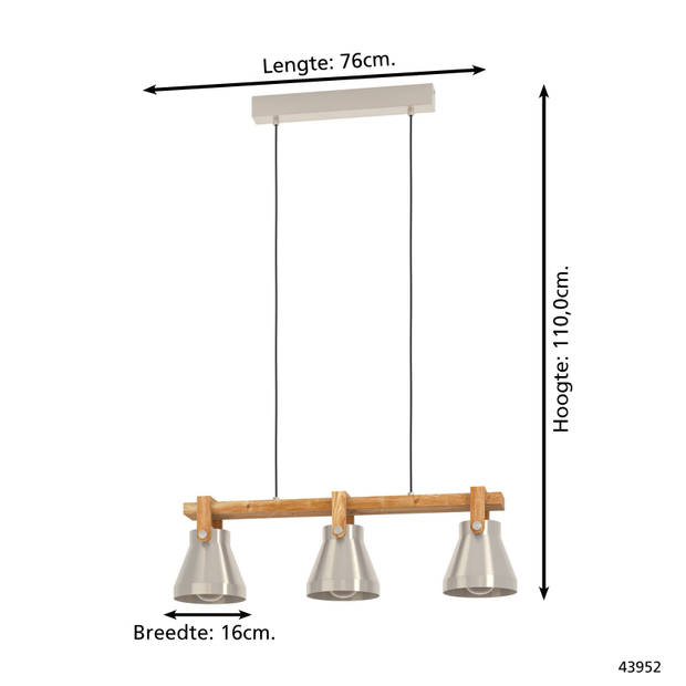 EGLO Cawton Hanglamp - E27 - 76 cm - Grijs/Bruin - Staal/Hout