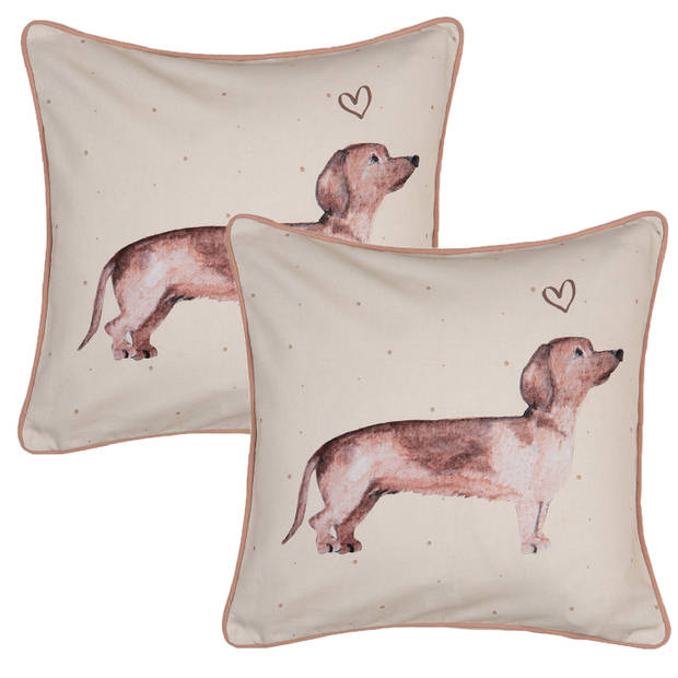 HAES DECO - Set van 2 Sierkussenhoezen - 40x40 cm - 100% Katoen - Dachshund Love