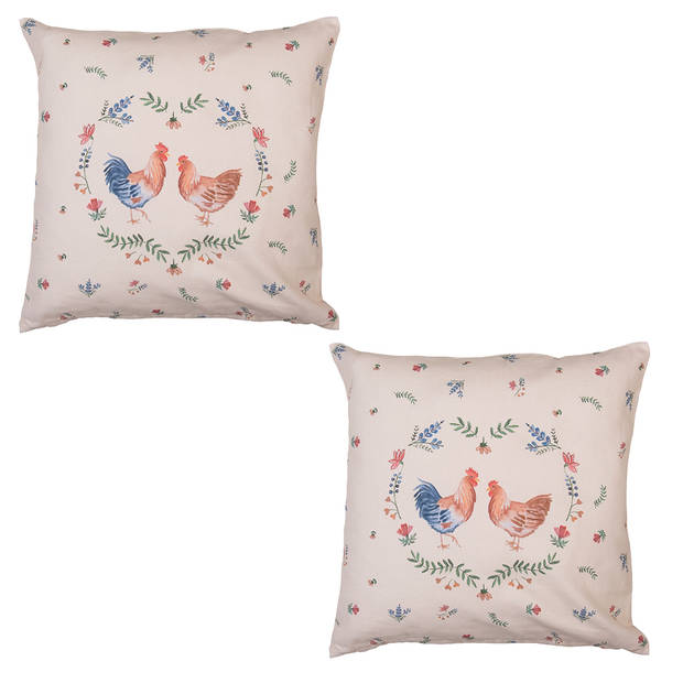 HAES DECO - Set van 2 Sierkussenhoezen - 40x40 cm - 100% Katoen - Chicken and Rooster