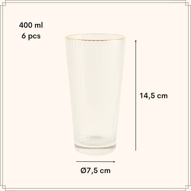 OTIX Waterglazen - Longdrinkglazen - Limonadeglazen - Set van 6 - Stapelbaar - 400ml - Met gouden rand - Reliëf