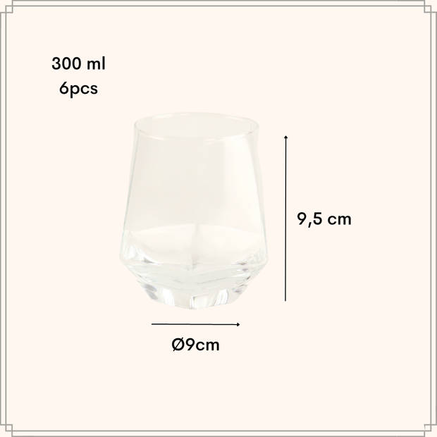 OTIX Waterglazen - Limonade - Glazen Set van 6 - 300ml - Diamant vorm - Transparant - Glas