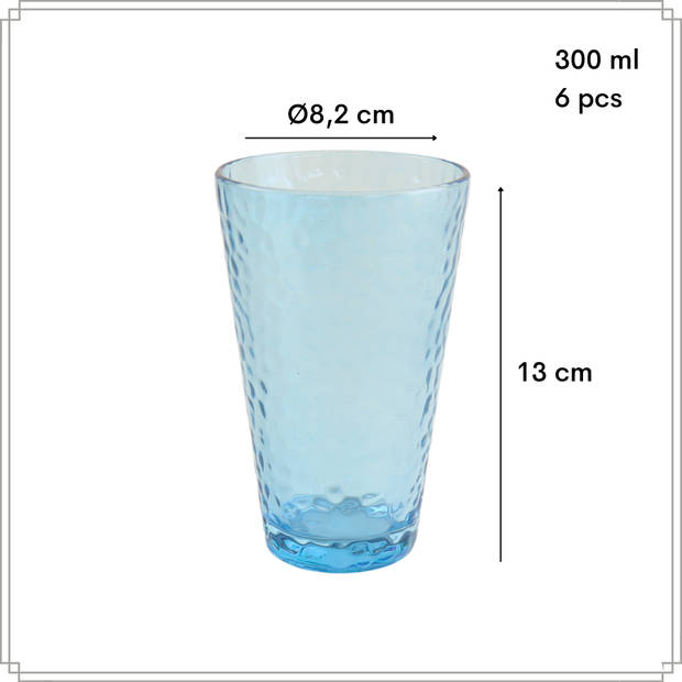 OTIX Waterglazen - Longdrink - Limonade - Glazen - Set van 6 - Stapelbaar - 300ml - Gehamerd Glas - Rookglas - Blauw