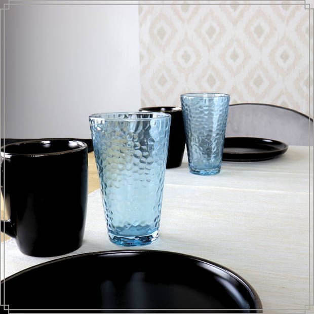 OTIX Waterglazen - Longdrink - Limonade - Glazen - Set van 6 - Stapelbaar - 300ml - Gehamerd Glas - Rookglas - Blauw