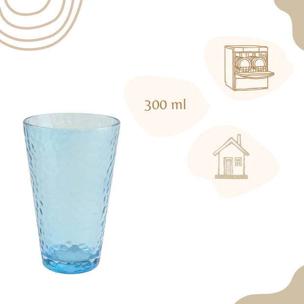 OTIX Waterglazen - Longdrink - Limonade - Glazen - Set van 6 - Stapelbaar - 300ml - Gehamerd Glas - Rookglas - Blauw