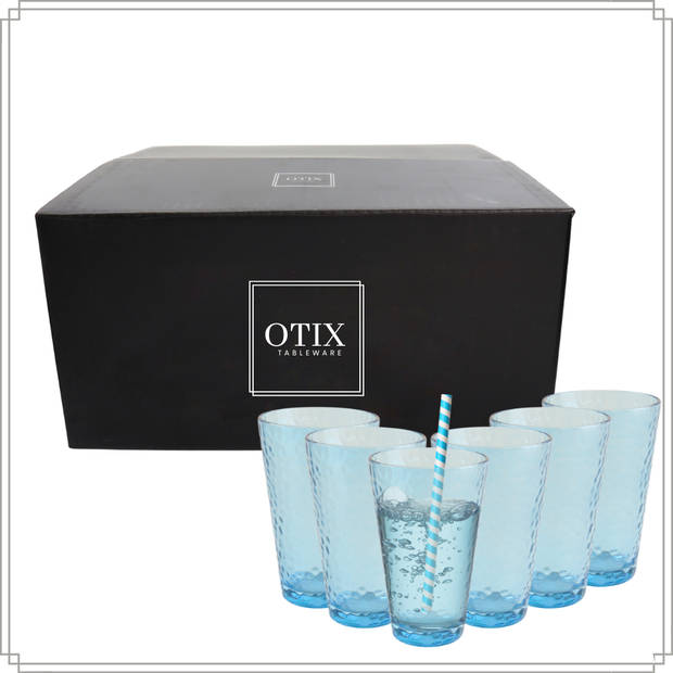 OTIX Waterglazen - Longdrink - Limonade - Glazen - Set van 6 - Stapelbaar - 300ml - Gehamerd Glas - Rookglas - Blauw