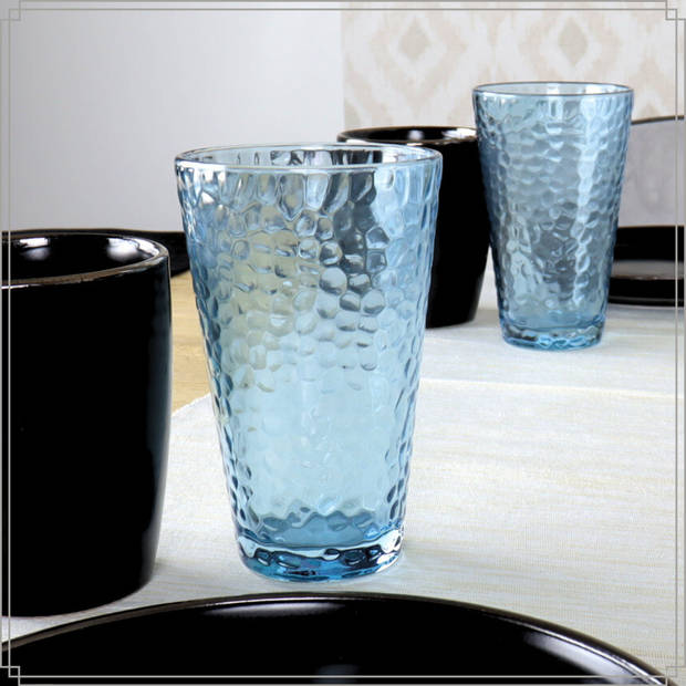 OTIX Waterglazen - Longdrink - Limonade - Glazen - Set van 6 - Stapelbaar - 300ml - Gehamerd Glas - Rookglas - Blauw