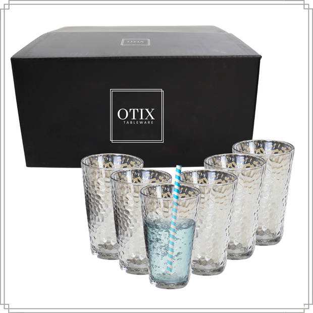 OTIX Waterglazen - Longdrink - Limonade - Glazen - Set van 6 - Stapelbaar - 300ml - Gehamerd Glas - Rookglas - Grijs