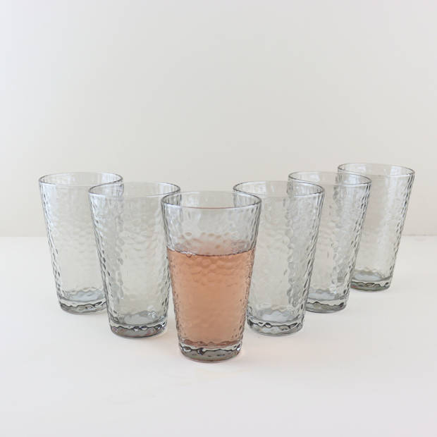 OTIX Waterglazen - Longdrink - Limonade - Glazen - Set van 6 - Stapelbaar - 300ml - Gehamerd Glas - Rookglas - Grijs