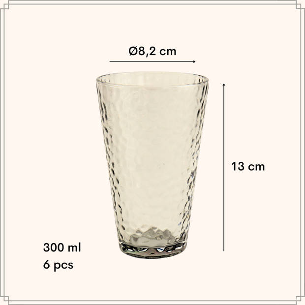 OTIX Waterglazen - Longdrink - Limonade - Glazen - Set van 6 - Stapelbaar - 300ml - Gehamerd Glas - Rookglas - Grijs