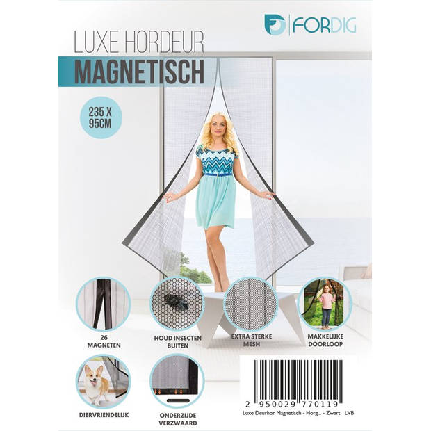 ForDig Vliegengordijn 235x95cm - Glasvezel A-kwaliteit - Luxe Deurhor Magnetisch - Horgordijn – Hordeur - Zwart