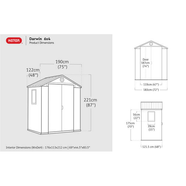 Keter Darwin 64 Tuinhuis - dubbele deuren - 190x122x221cm - Grijs