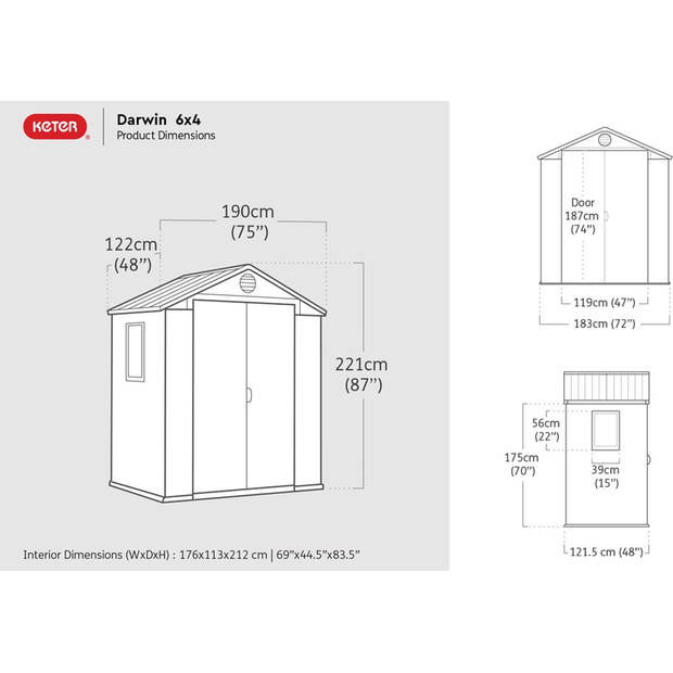 Keter Darwin 64 Tuinhuis - dubbele deuren + ramen - 190x122x221 - Grijs