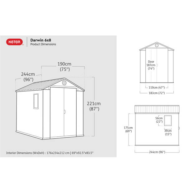 Keter Darwin 68 Tuinhuis - dubbele deuren + ramen - 190x244x221 cm - Grijs