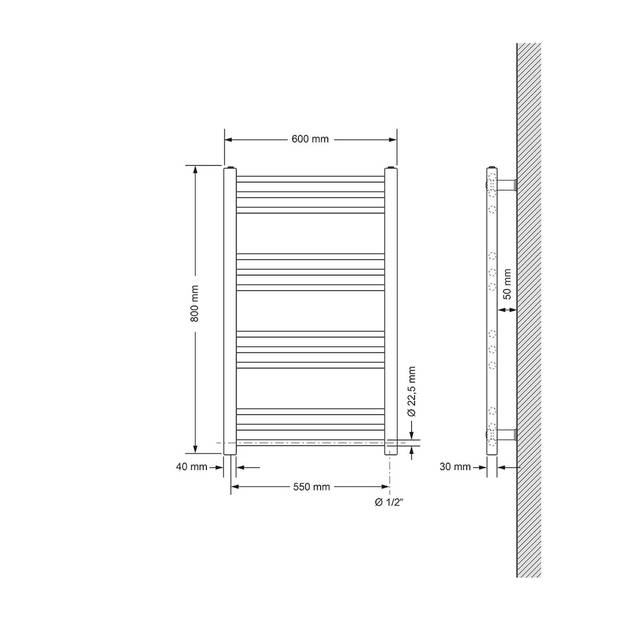 ECD Germany Badkamerverwarmer elektrisch 600 x 800 mm met verwarmingselement 1200 W - wit - recht met zijaansluiting