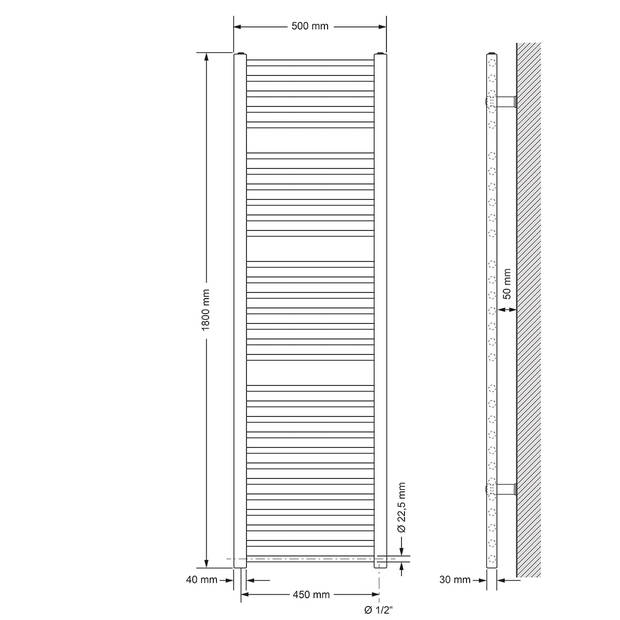 Elektrische badkamerradiator met verwarmingselement 900W 500x1800 mm antraciet recht met zijaansluiting LuxeBath