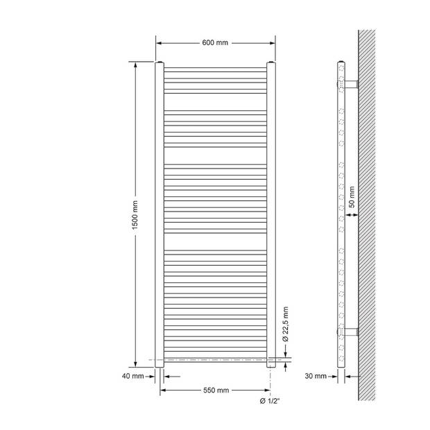Elektrische badkamerradiator met verwarmingselement 900W 600x1500 mm antraciet recht met zijaansluiting