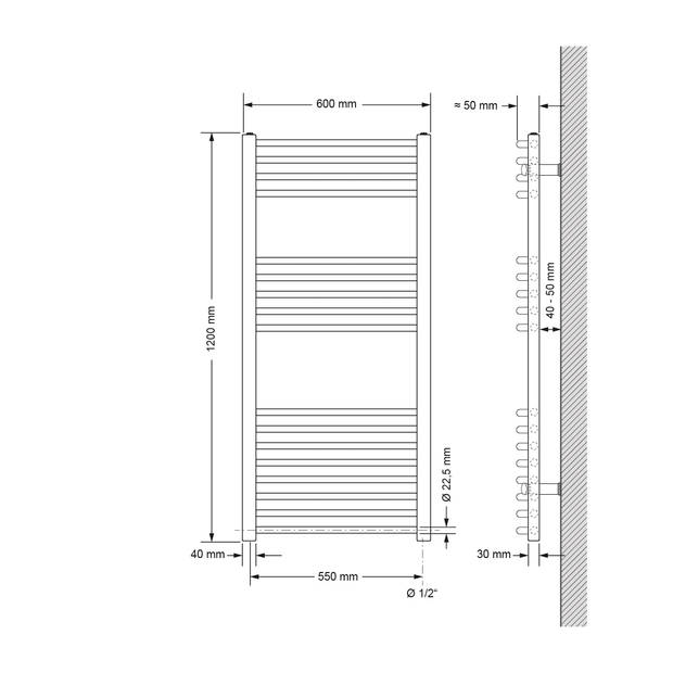 ECD Germany Badkamerverwarmer elektrisch 600 x 1200 mm met verwarmingsstang 900 W - chroom - gebogen met zijaansluiting