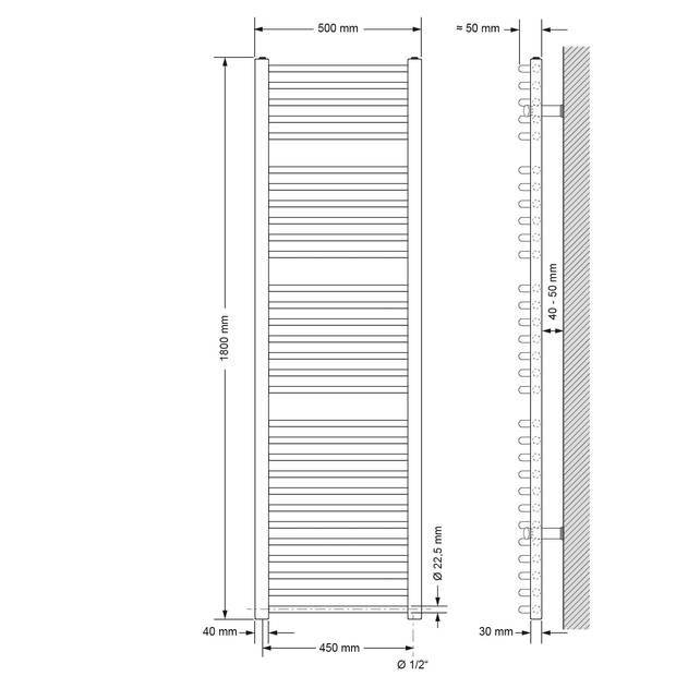 ECD Germany Badkamerradiator elektrisch met verwarmingselement 1200W - 500 x 1800 mm - wit - gebogen met zijaansluiting