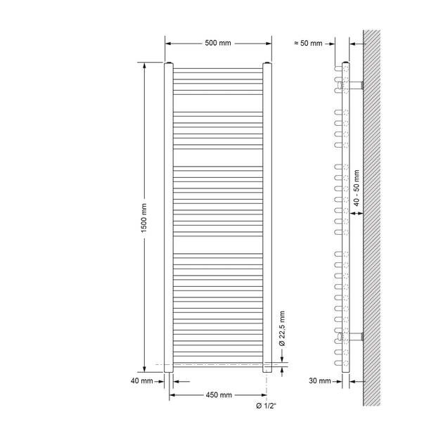 ECD Germany Radiator Badkamerverwarming Handdoekverwarmer Elektrisch 500 x 1500 mm Chroom gebogen stang 900W