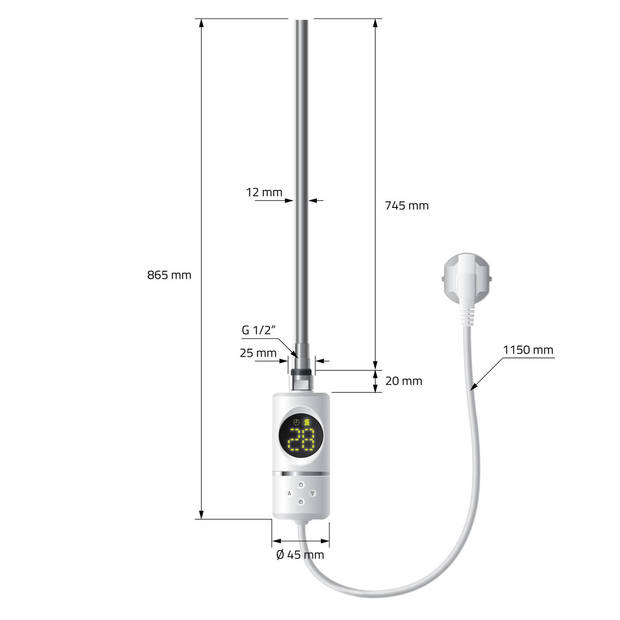 Verwarmingselement 900W wit met thermostaat en LCD-scherm ML design