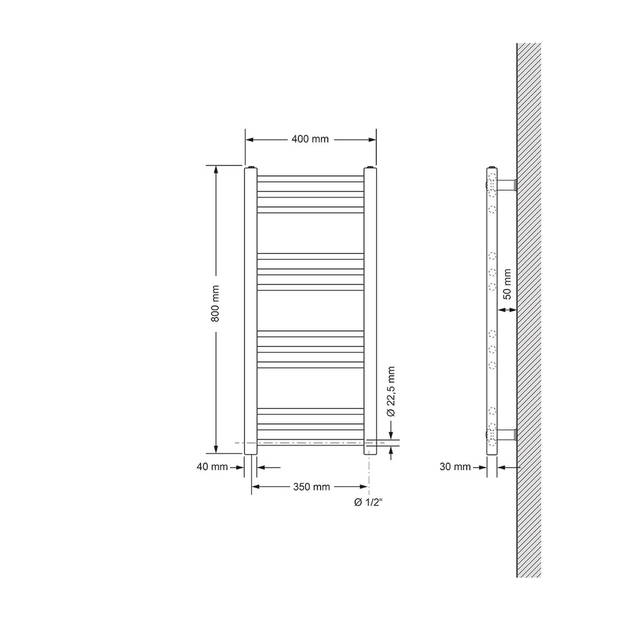 Badkamerradiator Sahara 400 x 800 mm antraciet recht met zijaansluiting