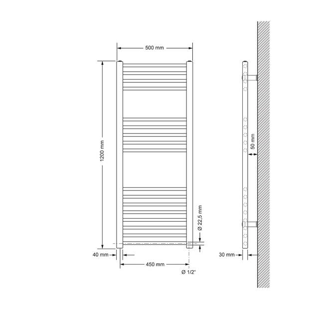 ECD Germany Badkamerverwarmer elektrisch 500 x 1200 mm met verwarmingselement 900W - chroom - recht met zijaansluiting