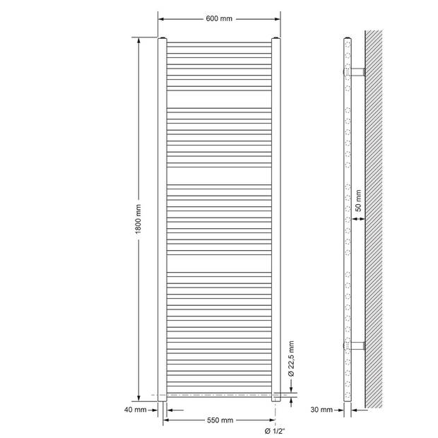 Elektrische badkamerradiator met verwarmingselement 900W 600x1800 mm antraciet recht met zijaansluiting LuxeBath