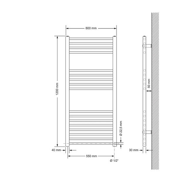 ECD Germany Badkamerverwarmer elektrisch 600 x 1200 mm met verwarmingselement 900 W - wit - recht met zijaansluiting