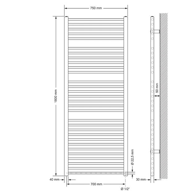 Elektrische badkamerradiator met verwarmingselement 900W 750x1800 mm antraciet recht met zijaansluiting LuxeBath