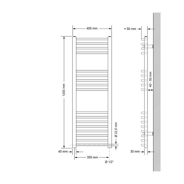 ECD Germany Badkamerradiator elektrisch met verwarmingselement 900W - 400 x 1200 mm - wit - gebogen met zijaansluiting