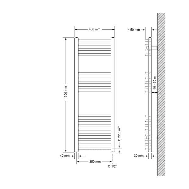 ECD Germany Badkamerverwarmer elektrisch 400 x 1200 mm antraciet gebogen incl. verwarmingsstang 1200W chroom