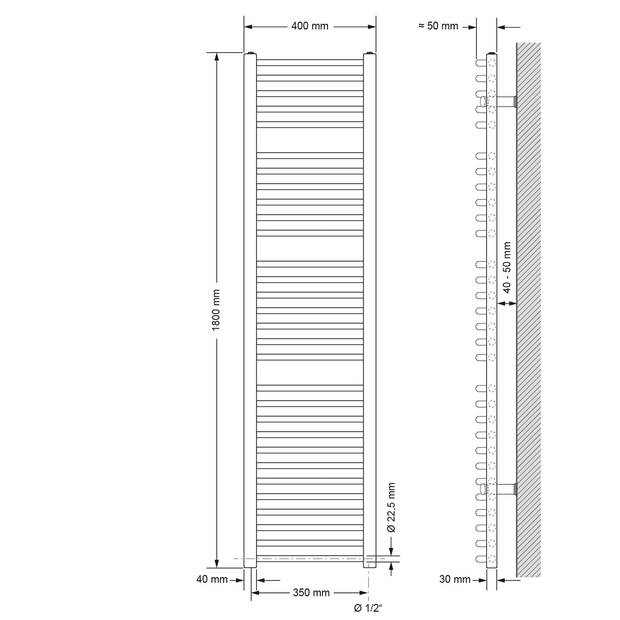 ECD Germany Badkamerradiator elektrisch met verwarmingselement 1200W - 400 x 1800 mm - wit - gebogen met zijaansluiting