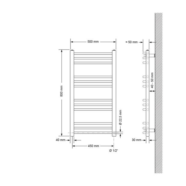 Elektrische badkamerradiator met verwarmingselement 300W 500x800 mm Wit gebogen met zijaansluiting LuxeBath