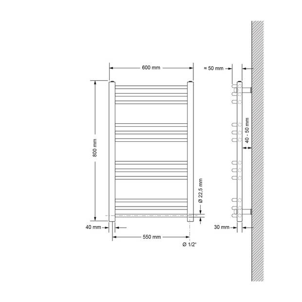 ECD Germany Badkamerverwarmer elektrisch met verwarmingsstang 600W - 600 x 800 mm - wit - recht met zijaansluiting