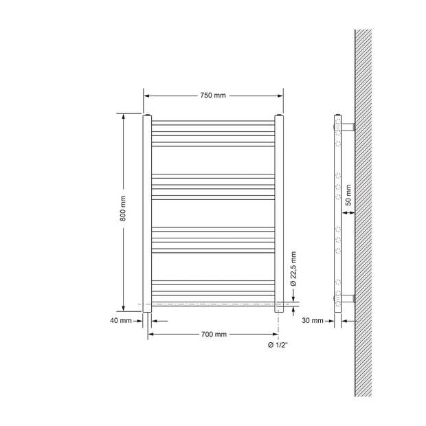 Badkamerradiator elektrisch 750x800 mm Chroom, recht, 300W