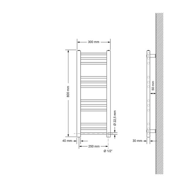 ECD Germany Badkamerradiator elektrisch met verwarmingselement 300W - 300 x 800 mm - chroom - recht met zijaansluiting