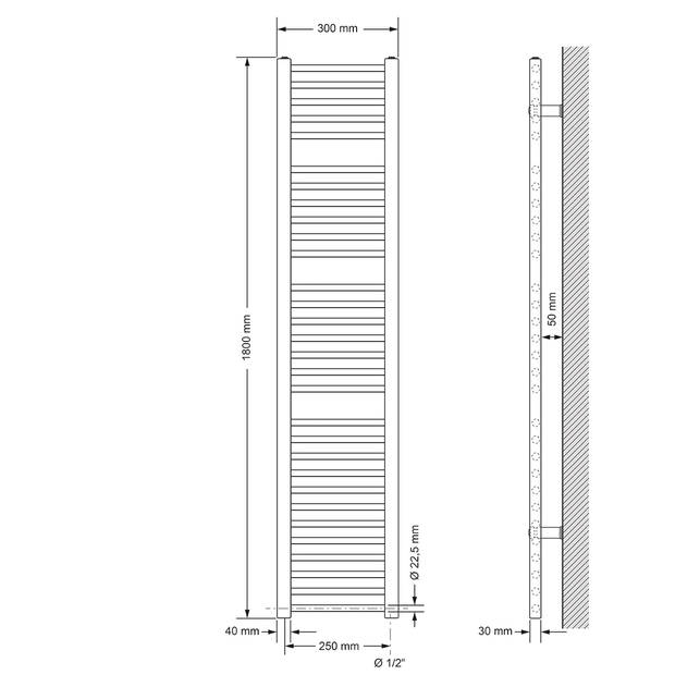 Badkamerradiator Sahara 300 x 1800 mm antraciet recht met zijaansluiting