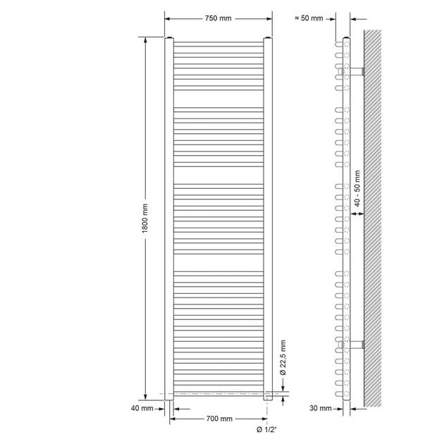 Badkamerradiator Sahara 750 x 1800 mm Wit gebogen met zijaansluiting + verwarmingselement 900W