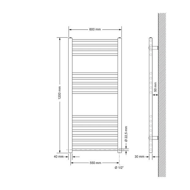 Elektrische badkamerradiator met verwarmingselement 900W 600x1200 mm recht met zijaansluiting LuxeBath