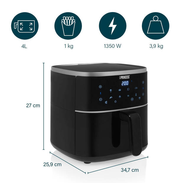 Princess 182238 Digitale Airfryer 4L – Touchscreen - 6 Programma’s - Verstelbaar Grillrack