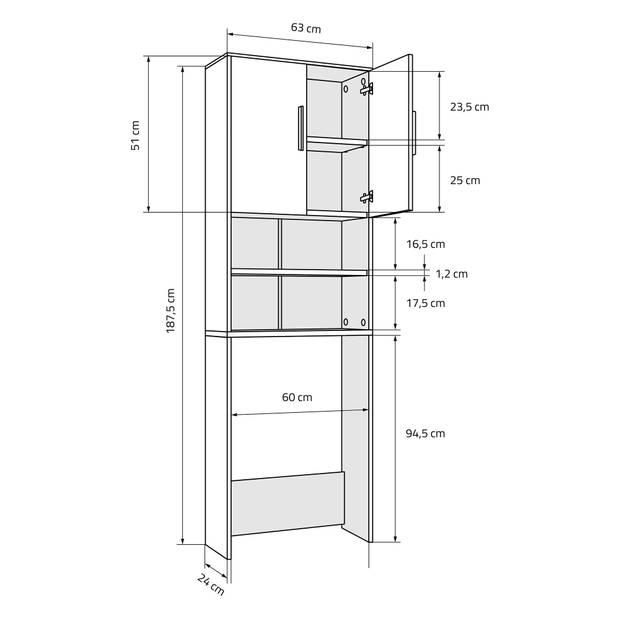 Wasmachinekast met 2 deuren en 2 open vakken 187,5x63 cm eiken look ML-Design