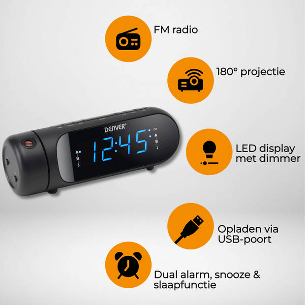 Denver Wekkerradio met Projectie - Digitale Wekker - FM Radio - Dubbel Alarm - USB - CPR700 - Zwart