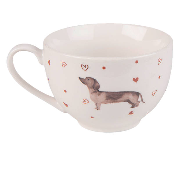 HAES DECO - Kop en Schotel set van 4 - 200 ml - Porselein - Dachshund Love