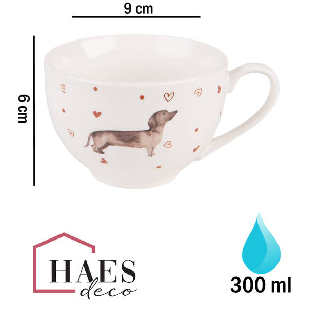 HAES DECO - Kop en Schotel set van 4 - 200 ml - Porselein - Dachshund Love