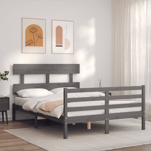 vidaXL Bedframe met hoofdbord massief hout grijs 140x190 cm