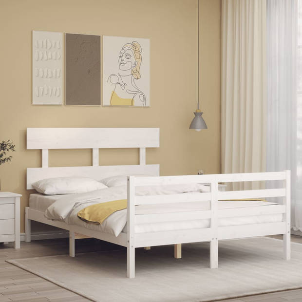 vidaXL Bedframe met hoofdbord massief hout wit 140x200 cm