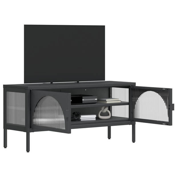 The Living Store TV-meubel - Elegant en praktisch - 105 x 35 x 50 cm - Gepoedercoat staal en glas met geribbeld reliëf