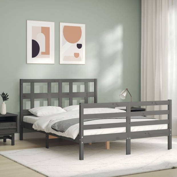 vidaXL Bedframe met hoofdbord massief hout grijs 140x190 cm